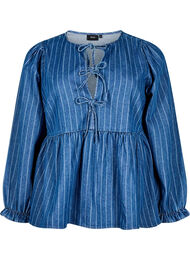 Gestreepte denim blouse met strik aan de voorkant, Blauw