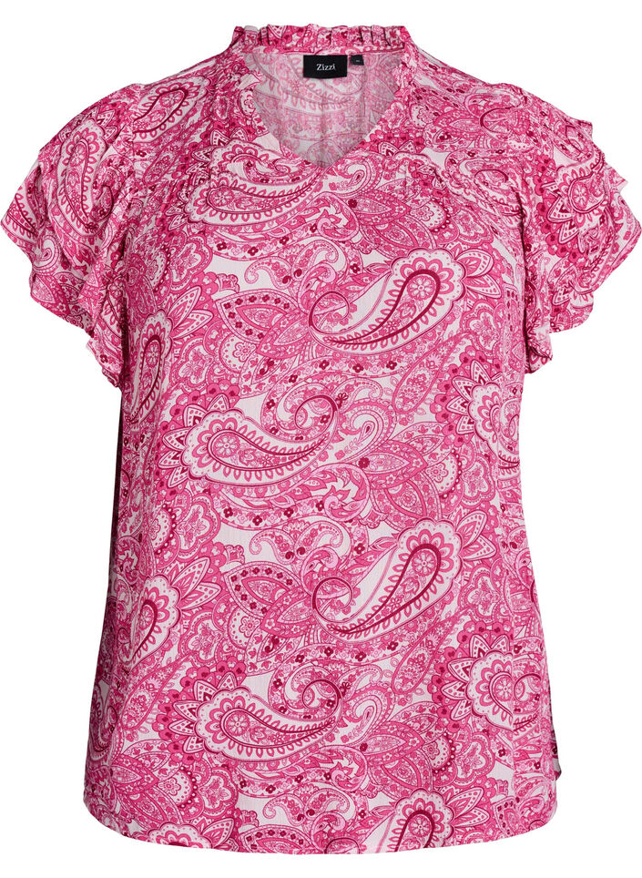 Gedessineerde viscose blouse met ruches, Roze, Packshot image number 0
