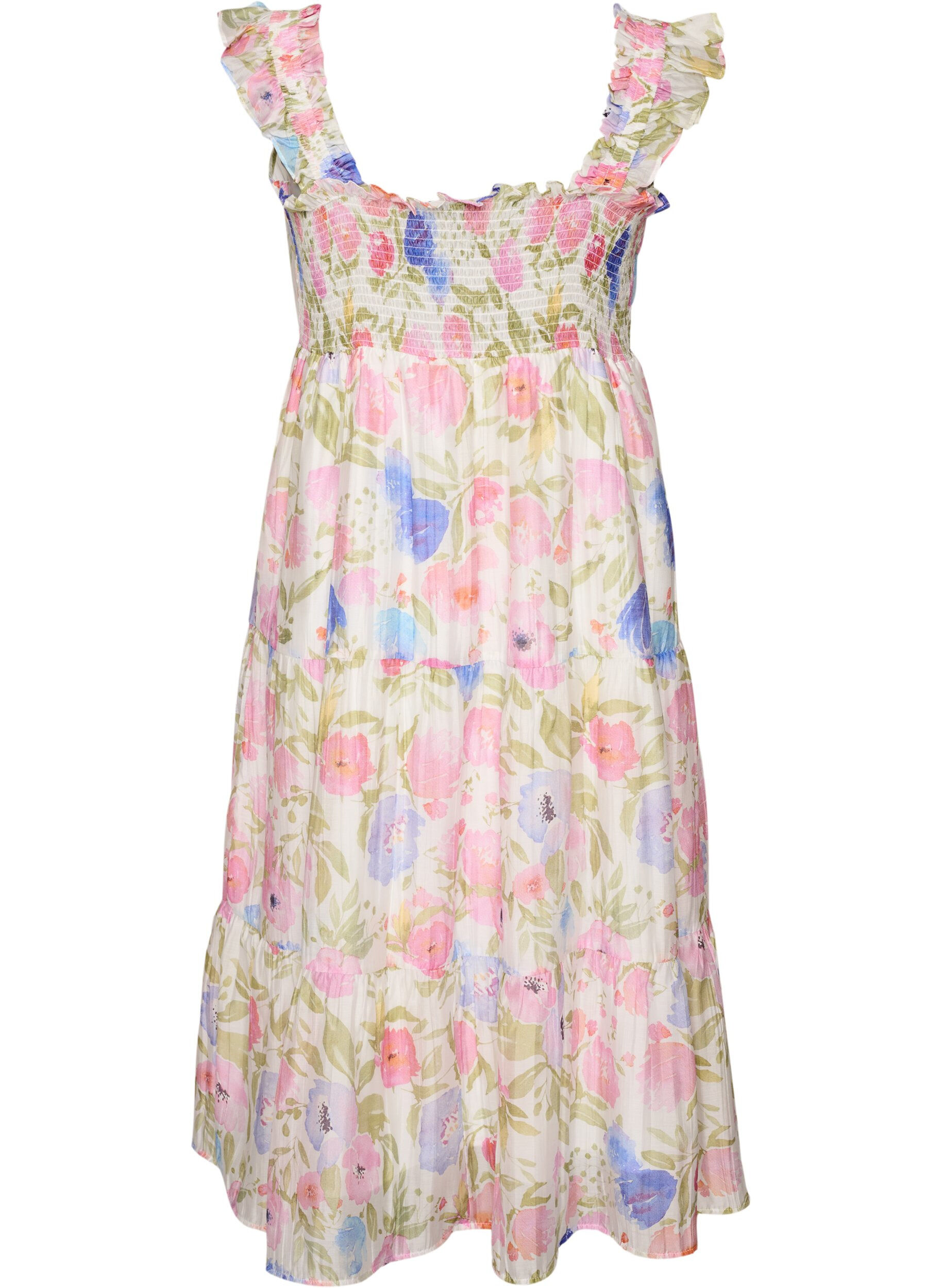 Zizzi Lange bloemenjurk in lyocell met ruches, Wit, Packshot image number 1