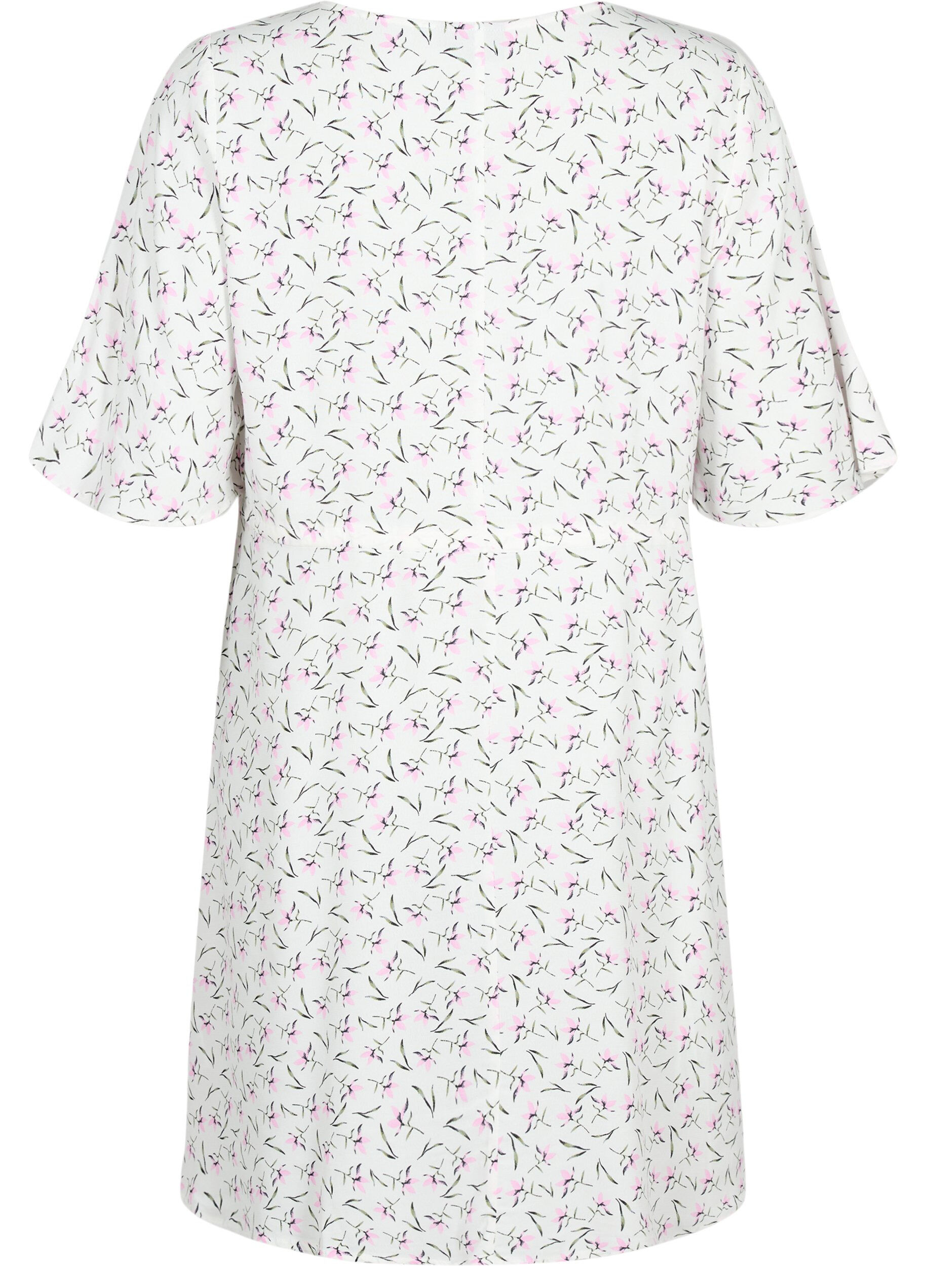 ZizziJurk met 1/2 mouw met bloemenprint in viscose, White Purple Flower, Packshot image number 1