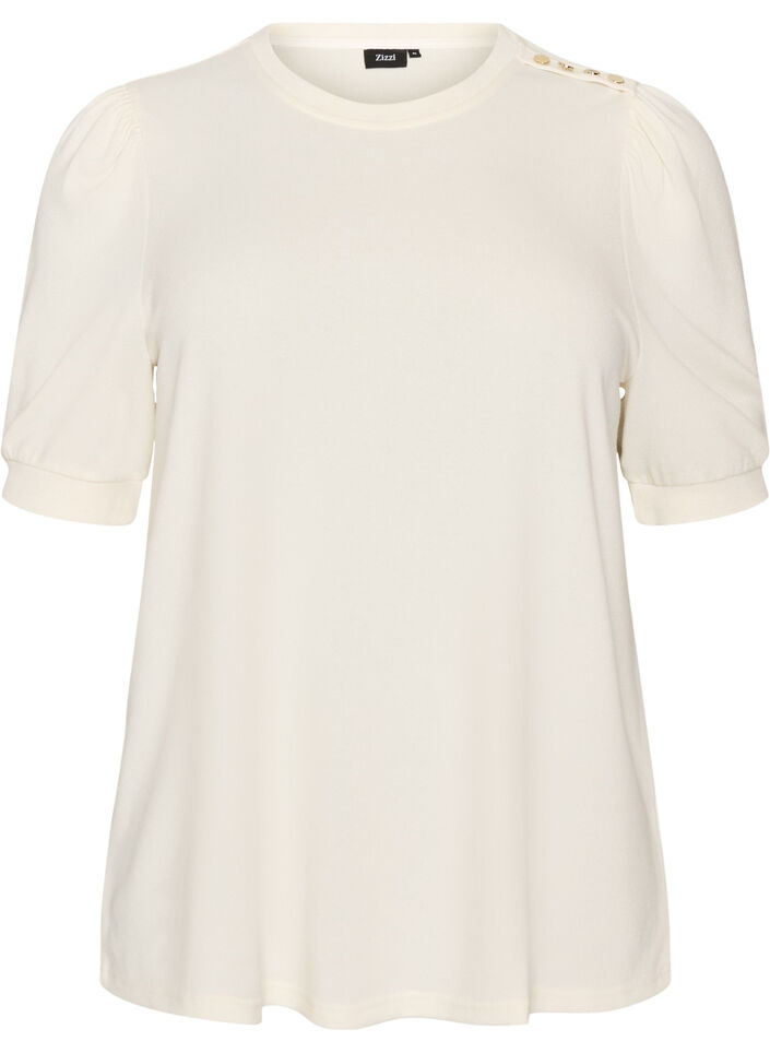 Blouse met knoopdetail en korte pofmouwen, Beige, Packshot image number 0