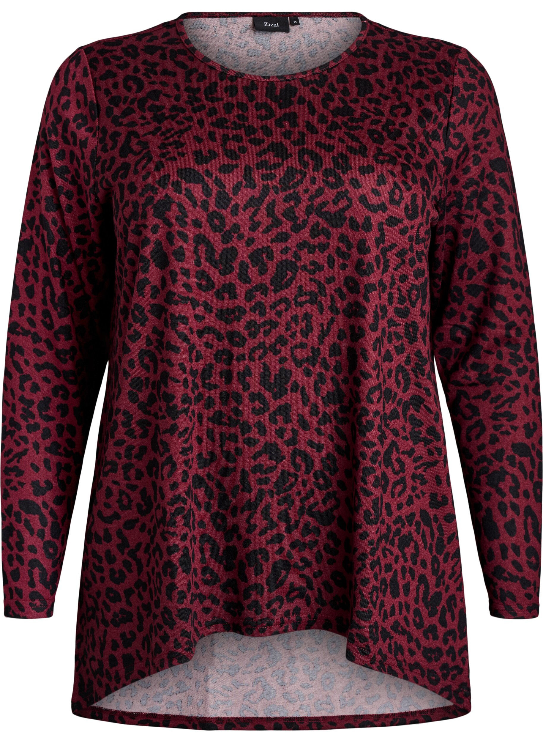 ZizziLuipaardprint blouse met lange mouwen, Donker Bordeaux, Packshot image number 0