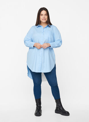 Lange katoenen blouse met borstzakje, Blue Heron, Model image number 2