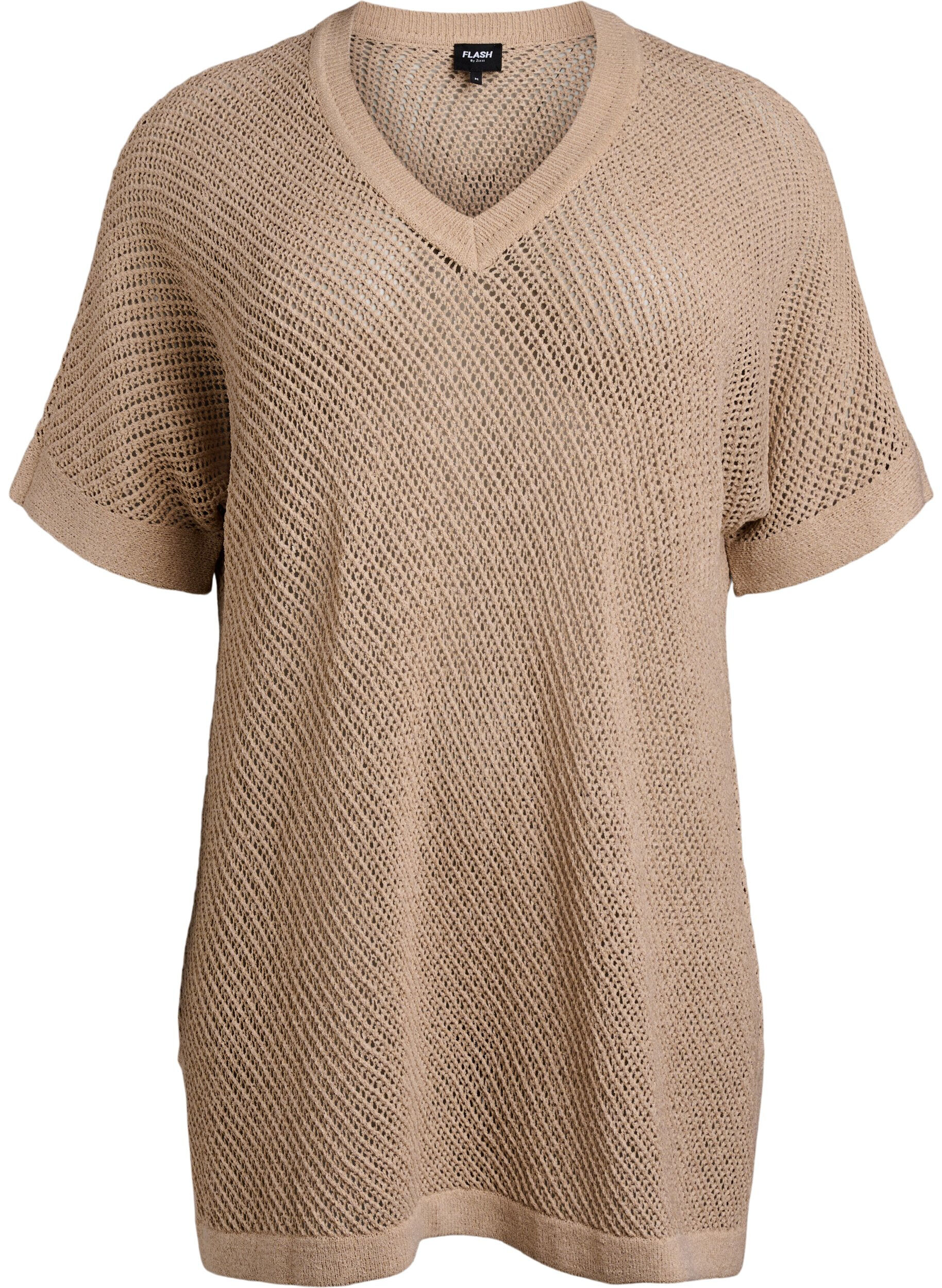 Zizzi FLASH - Gebreide blouse met korte mouwen en V-hals, Beige, Packshot image number 0