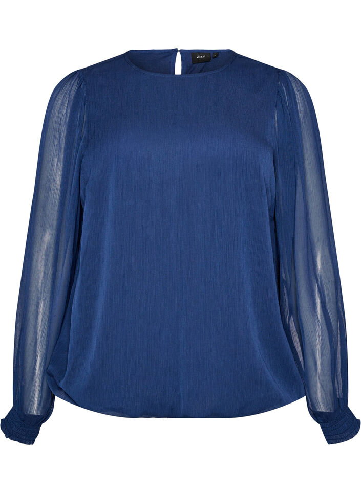 Chiffonblouse met doorschijnende mouwen, Blauw, Packshot image number 0