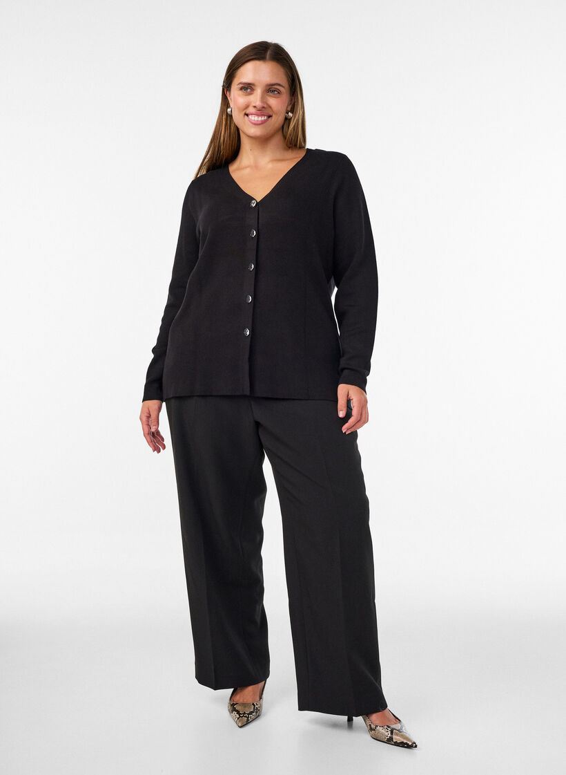 Fijngebreid cardigan met decoratieve knopen, Zwart, Model image number 1
