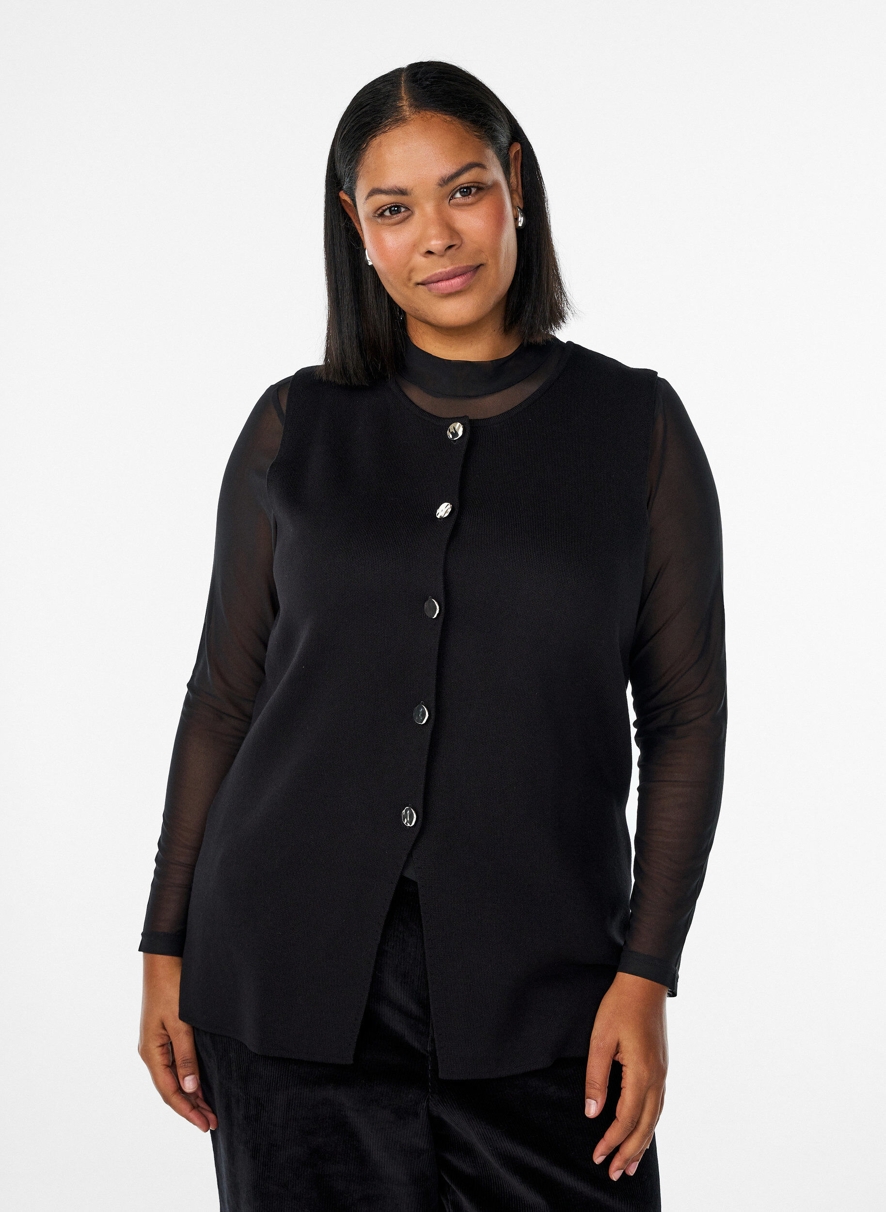 Mouwloze breisel vest met decoratieve knopen, Zwart, Model