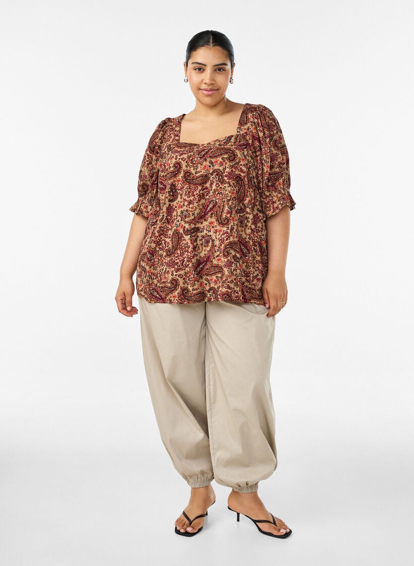 Viscose blouse met paisleymotief en een vierkante halslijn, Bruin, Model image number 1