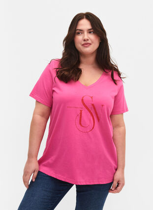Katoenen t-shirt met opdruk, Shocking Pink SUN, Model image number 0