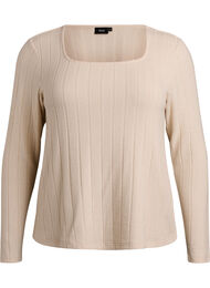 Jerseyblouse met vierkante hals en geribde textuur, Beige