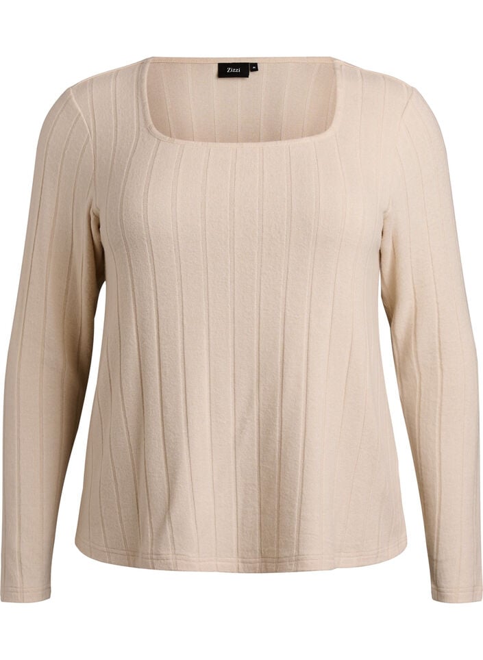 Jerseyblouse met vierkante hals en geribde textuur, Beige, Packshot image number 0