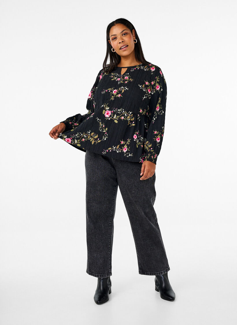 Blouse met lange mouwen en bloemenprint, Zwart, Model image number 1
