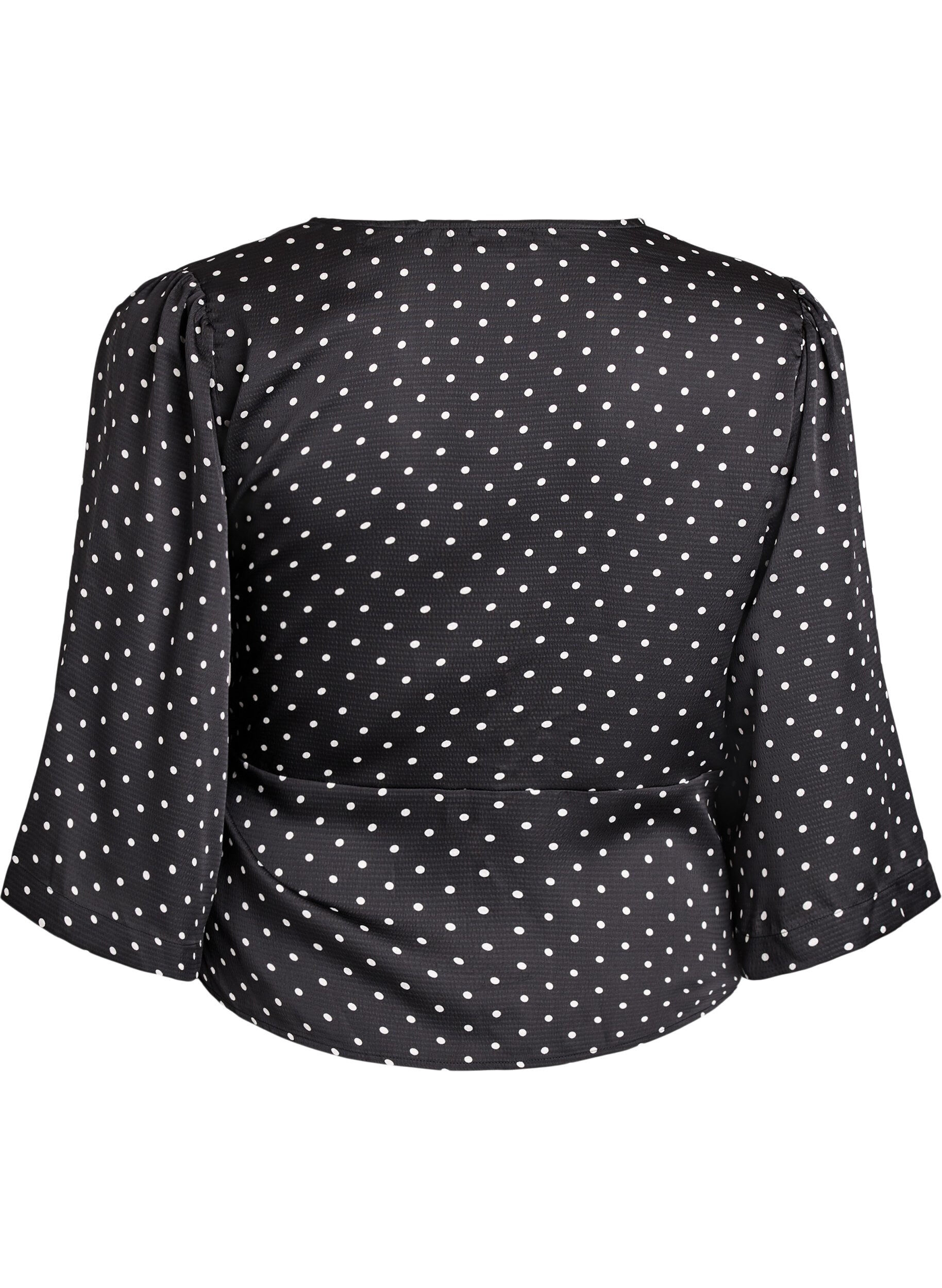 Zizzi Blouse met stippen, striksluiting en 3/4-mouwen, Zwart, Packshot image number 1