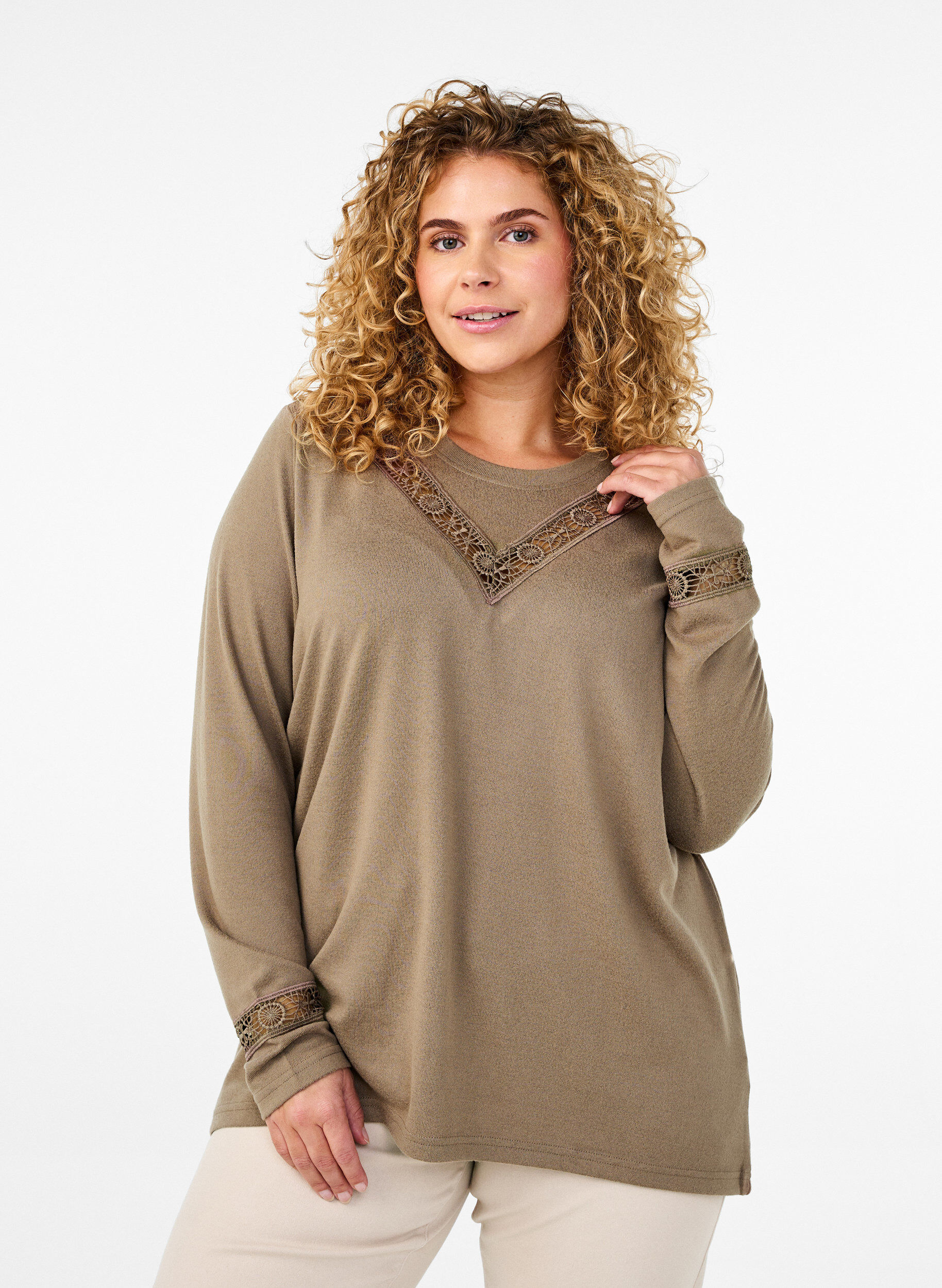 Zizzi Blouse met geborduurde details en lange mouwen, Bruin, Model image number 0
