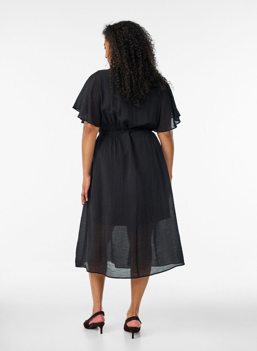Enkellange jurk met vlindermouwen en strikceintuur, Zwart, Model image number 1