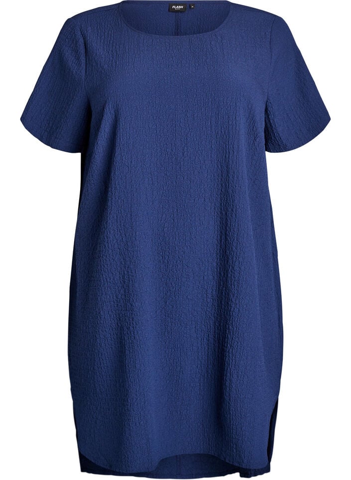 Korte jurk met een gekreukte textuur en korte mouwen, Blauw, Packshot image number 0