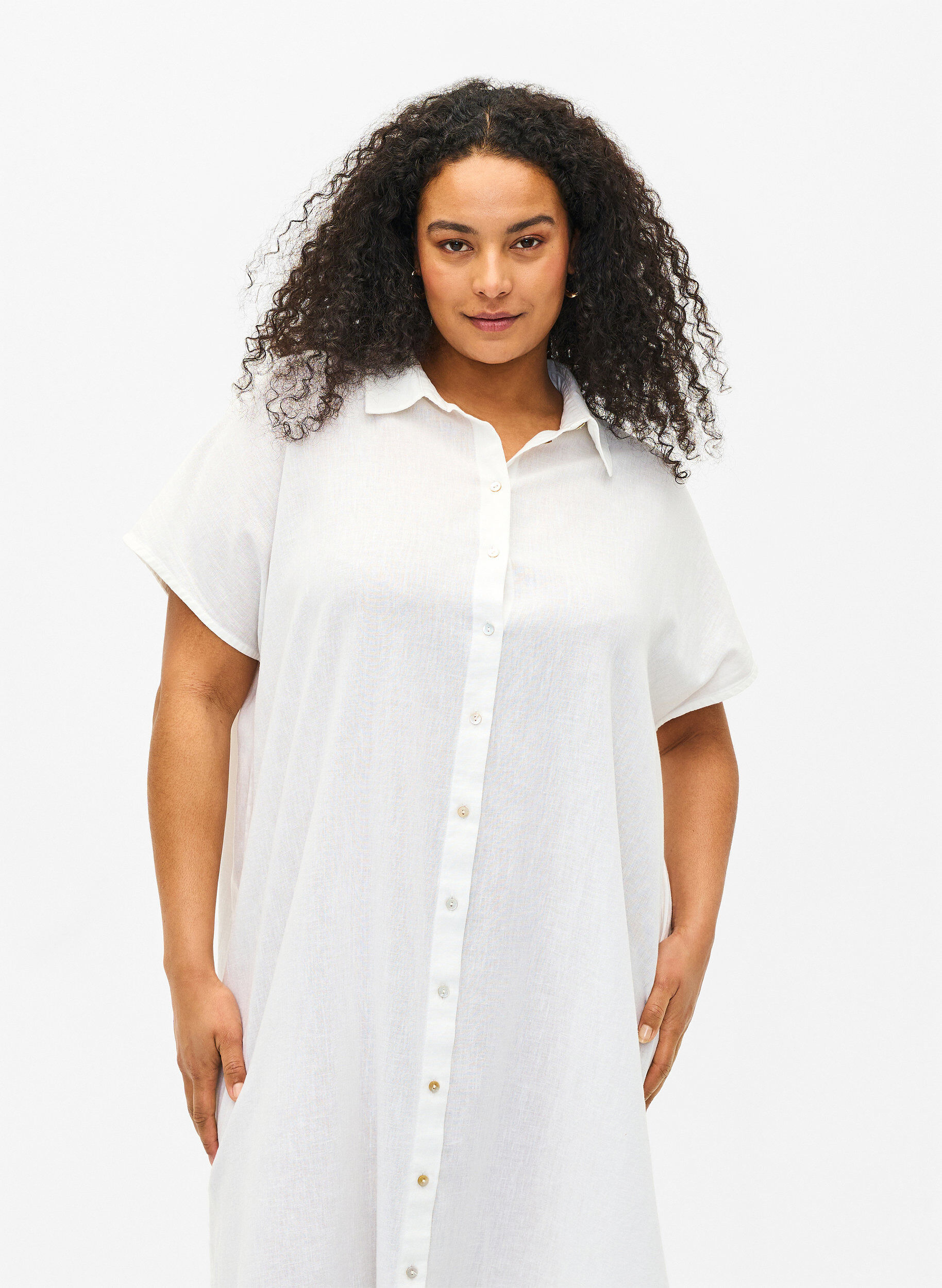 Zizzi Lang shirt van katoenmix met linnen, Wit, Model image number 2