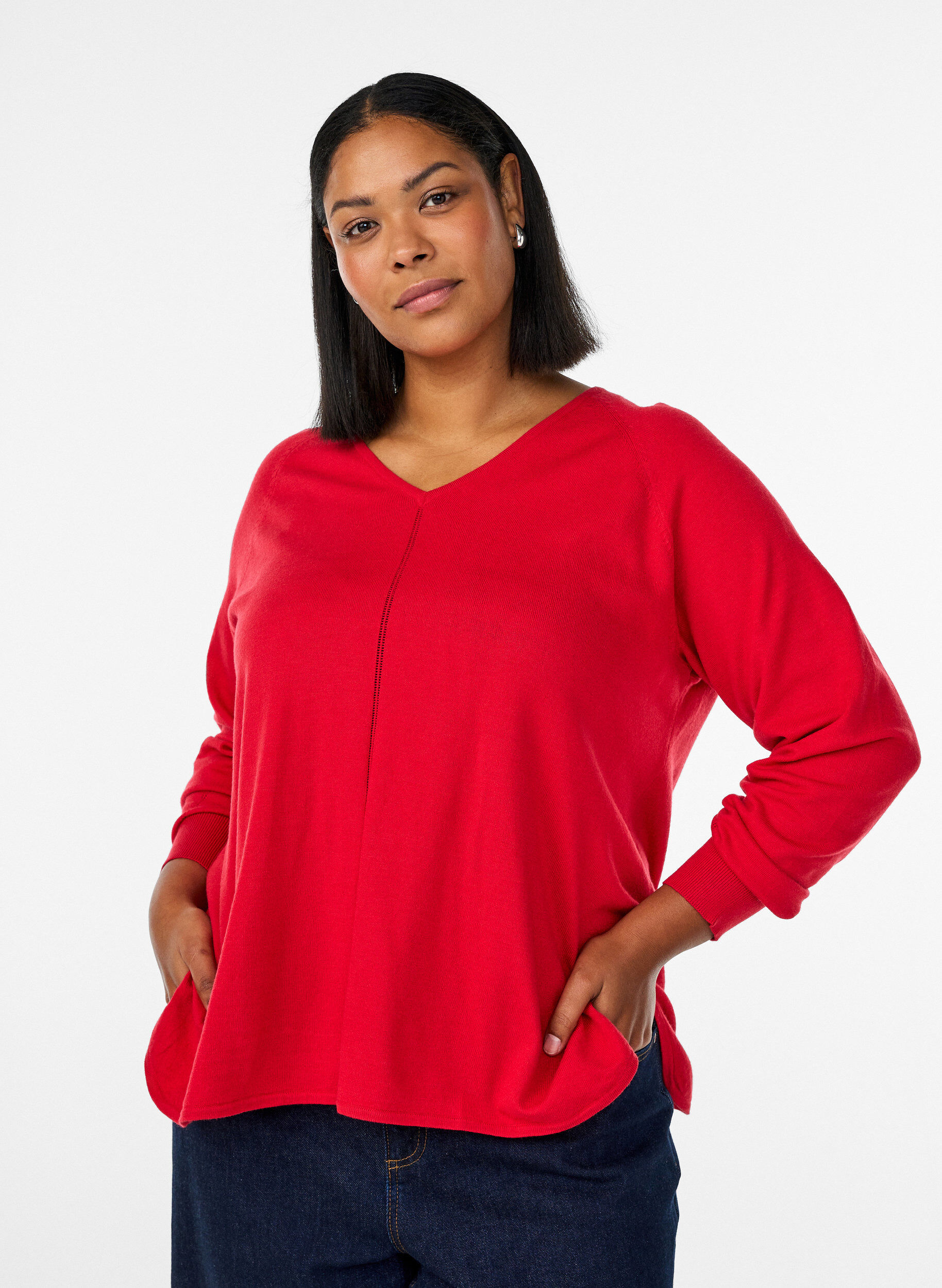 Fijngebreide blouse met V-hals en voorkantdetail, Rood, Model