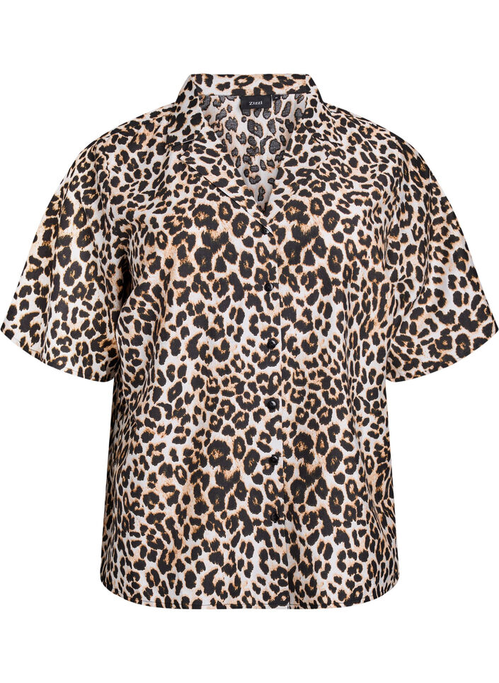 Shirt blouse met print en V-hals, Bruin, Packshot image number 0