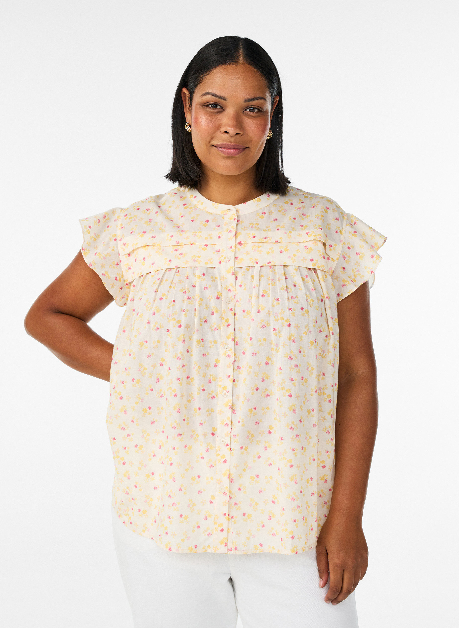 ZizziMouwloze A-lijn katoenen blouseshirt, Geel, Model image number 0