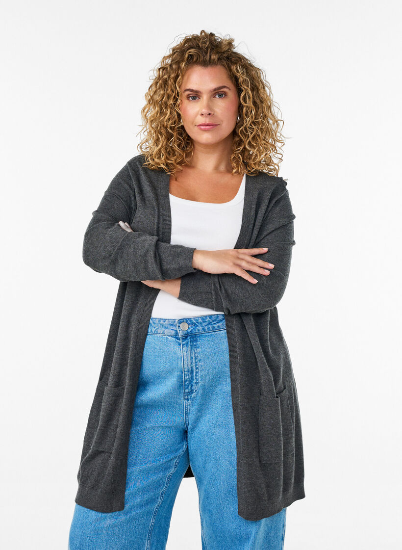 Lang gebreid vest in viscosemix, Grijs, Model image number 0