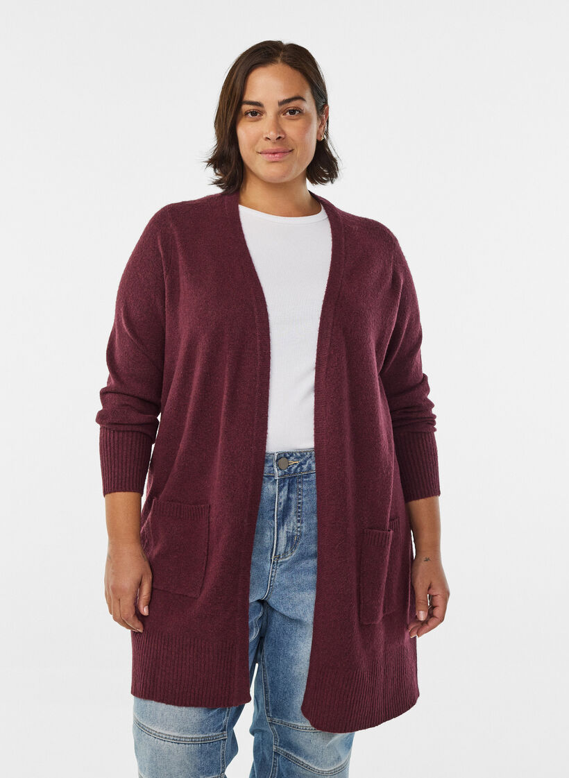 Geribd gebreid vest met zakken, Donker Bordeaux, Model image number 0