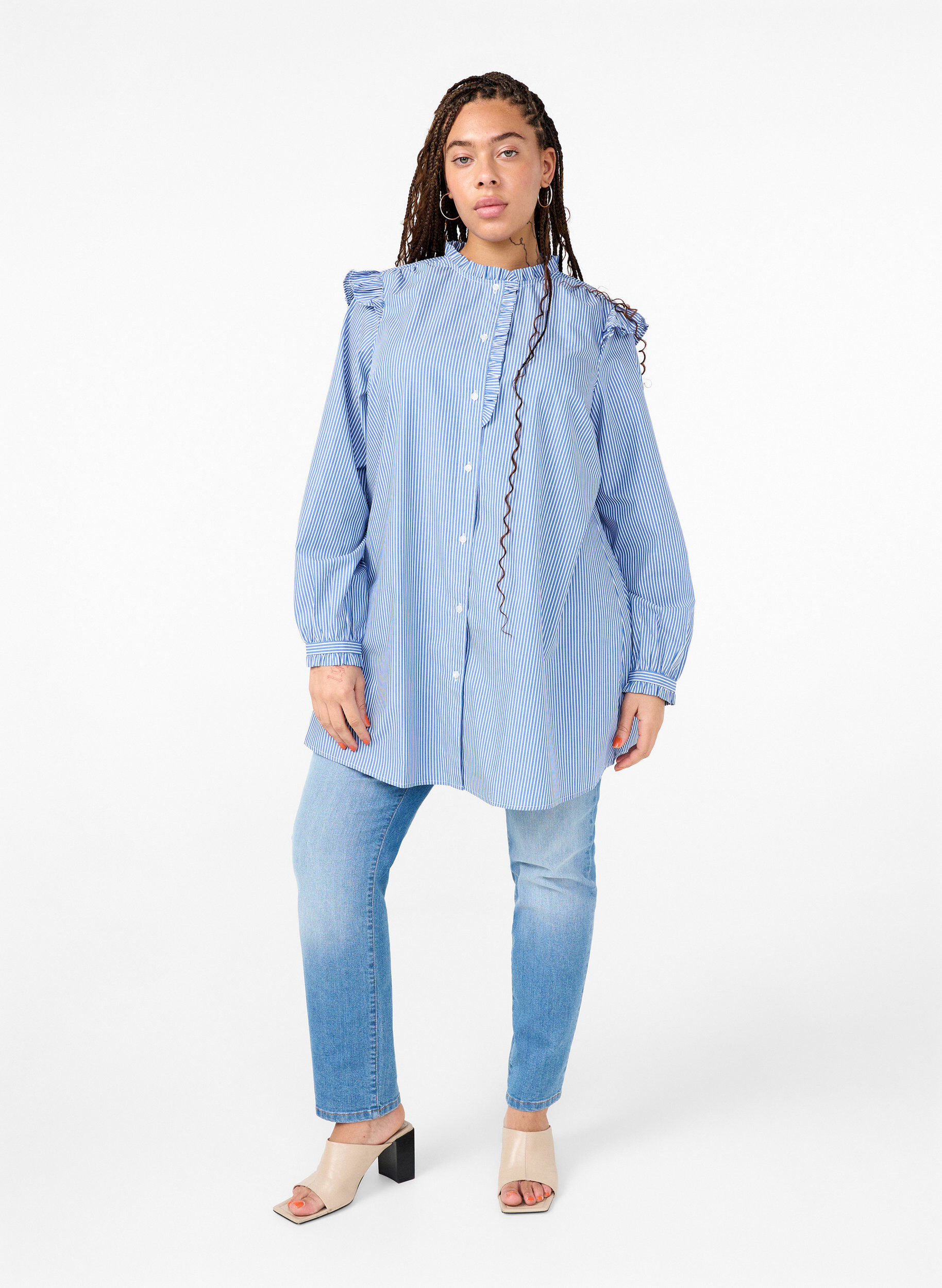 Zizzi Gestreepte tuniek met ruches, Princess Blue W. St., Model image number 2