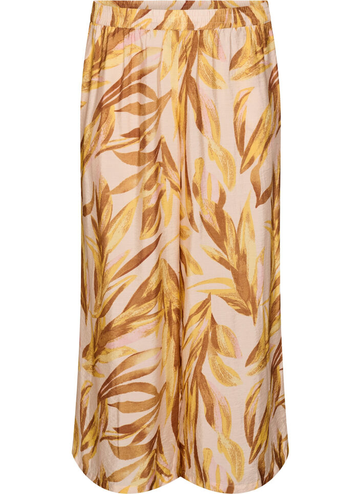 Wijde broek met bladprint en hoge elastische taille, Geel, Packshot image number 0