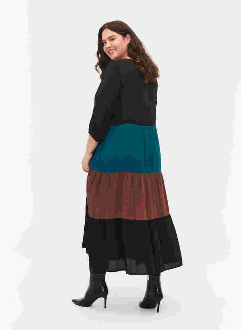 Viscose jurk met colorblock, Brown Green Block, Model image number 1