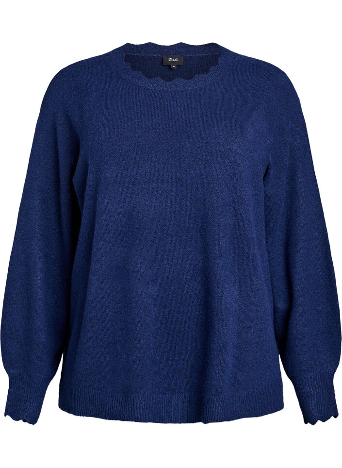 Gebreide blouse met golvende randen, Blauw, Packshot image number 0
