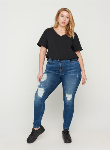 Amy jeans met hoge taille en slijtage, Blue denim, Model image number 0