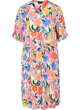 Midi-jurk met print en korte mouwen, Crystal G flower AOP, Packshot image number 0