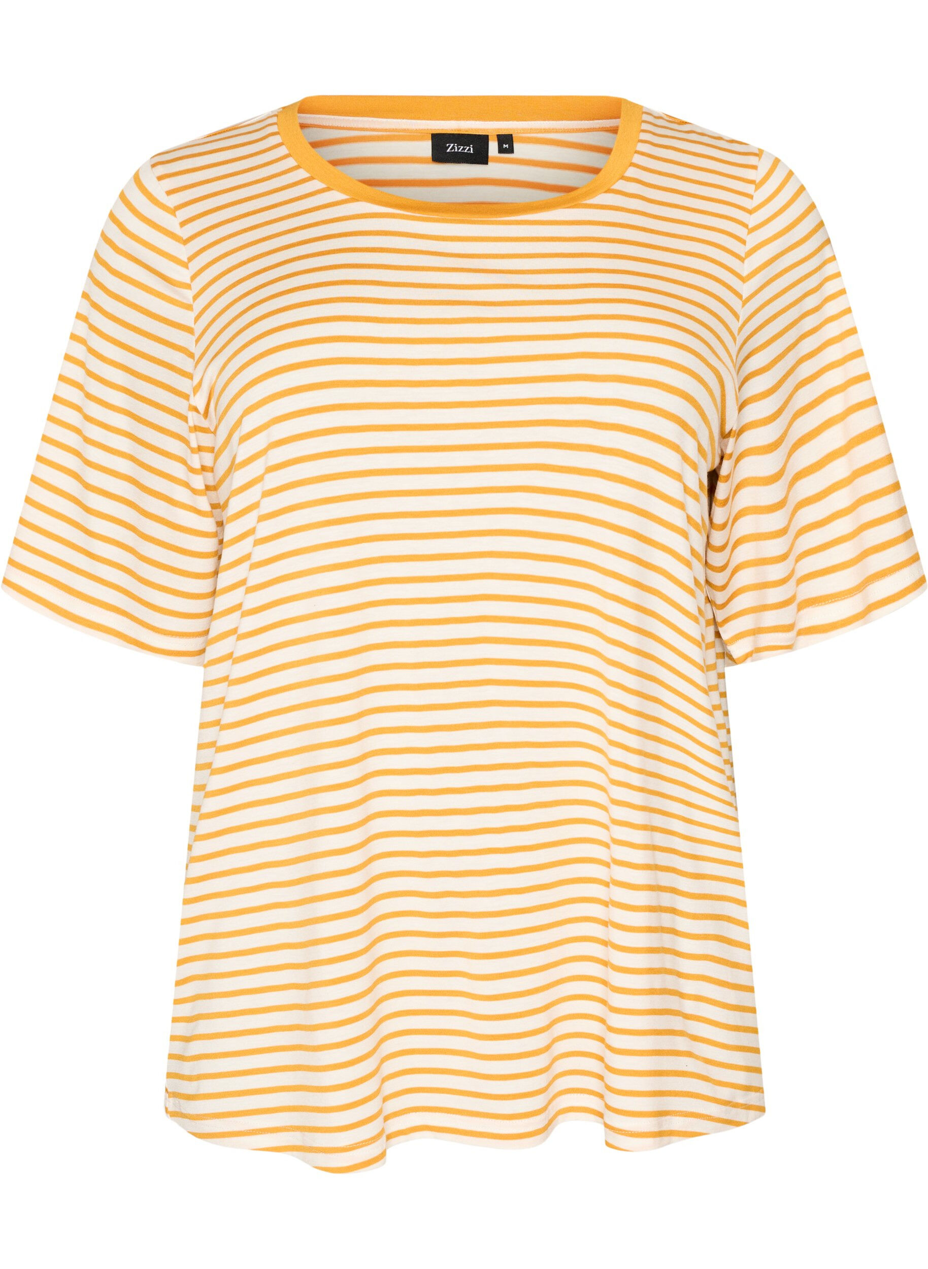 ZizziT-shirt met TENCEL&trade; Lyocell en strepen, Geel, Packshot image number 0