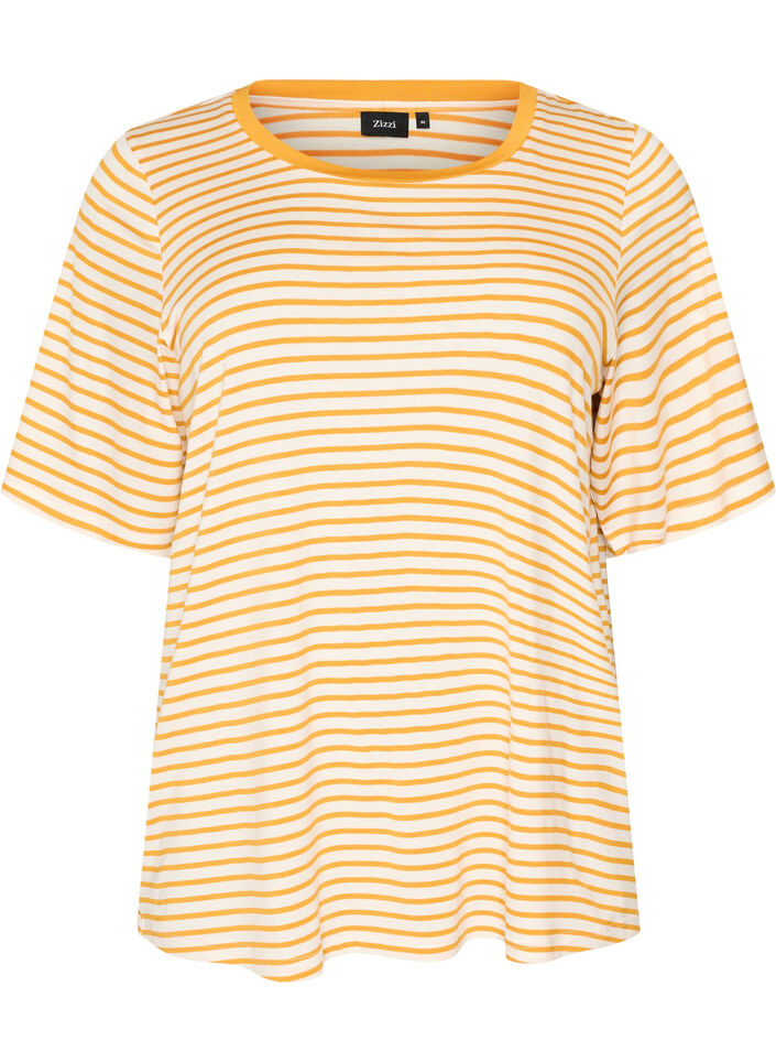 T-shirt met TENCEL&trade; Lyocell en strepen, Geel, Packshot image number 0
