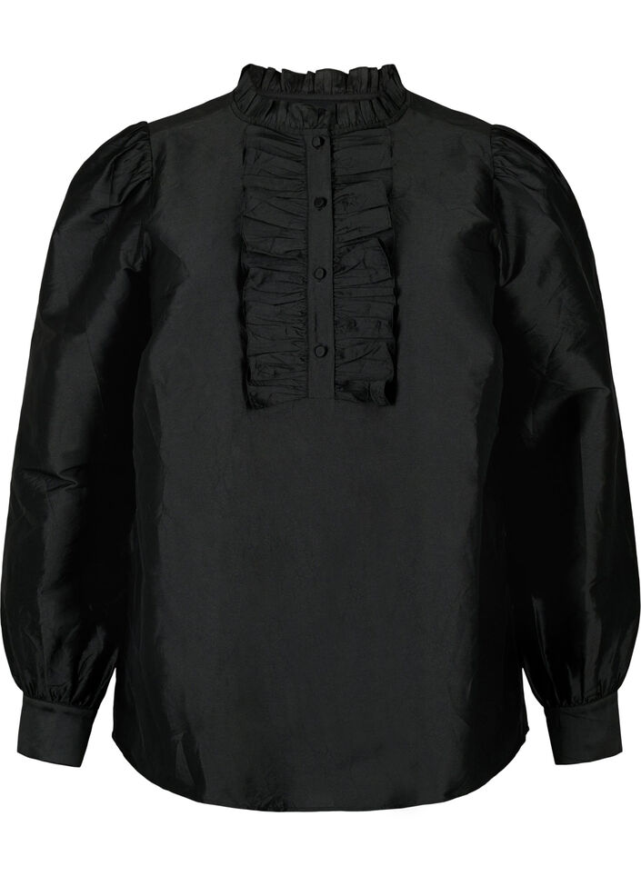 Glanzende shirtblouse met ruches, Black, Packshot image number 0
