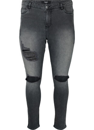 Strakke jeans met slijtagedetails, Grey Denim, Packshot image number 0