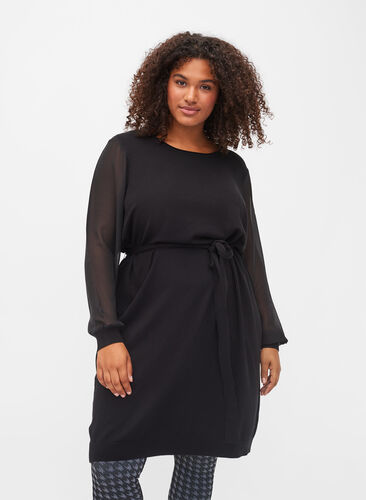 Gebreide jurk met transparante mouwen, Black, Model image number 0