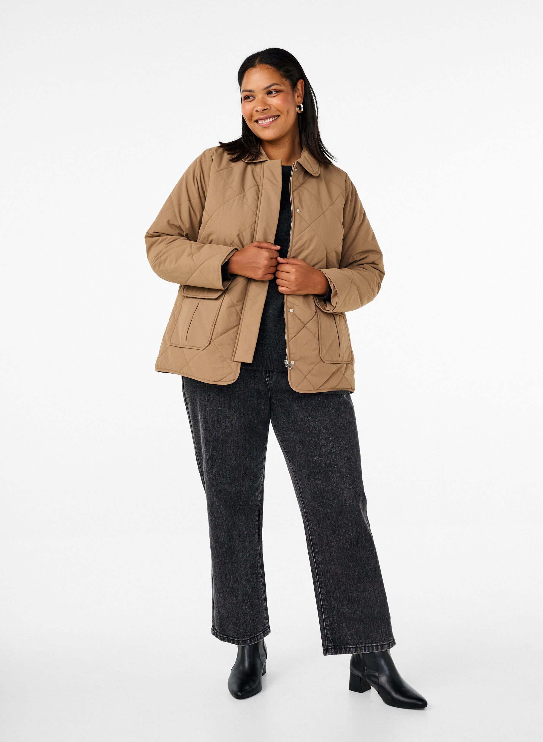 Zizzi Quilted jas met kraag en zakken, Bruin, Model image number 1