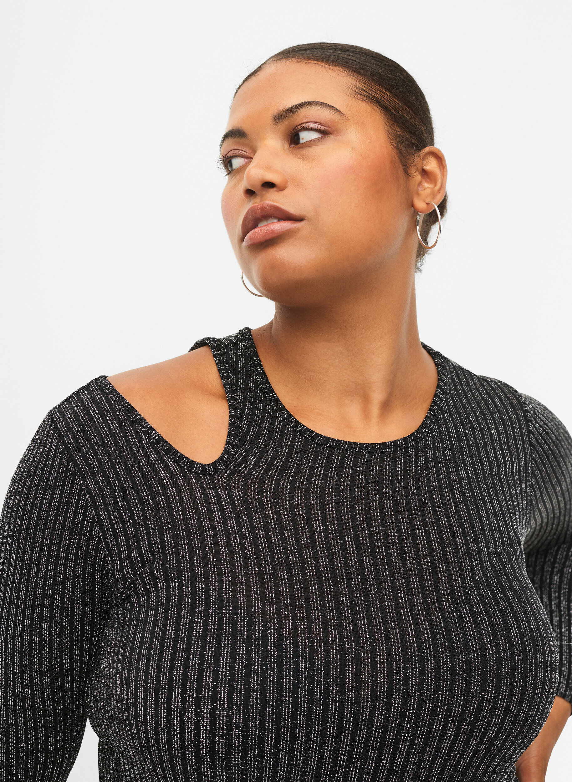 Zizzi Uitgesneden jurk met lange mouwen en glitter, B.w. Silver Stripes, Model image number 2