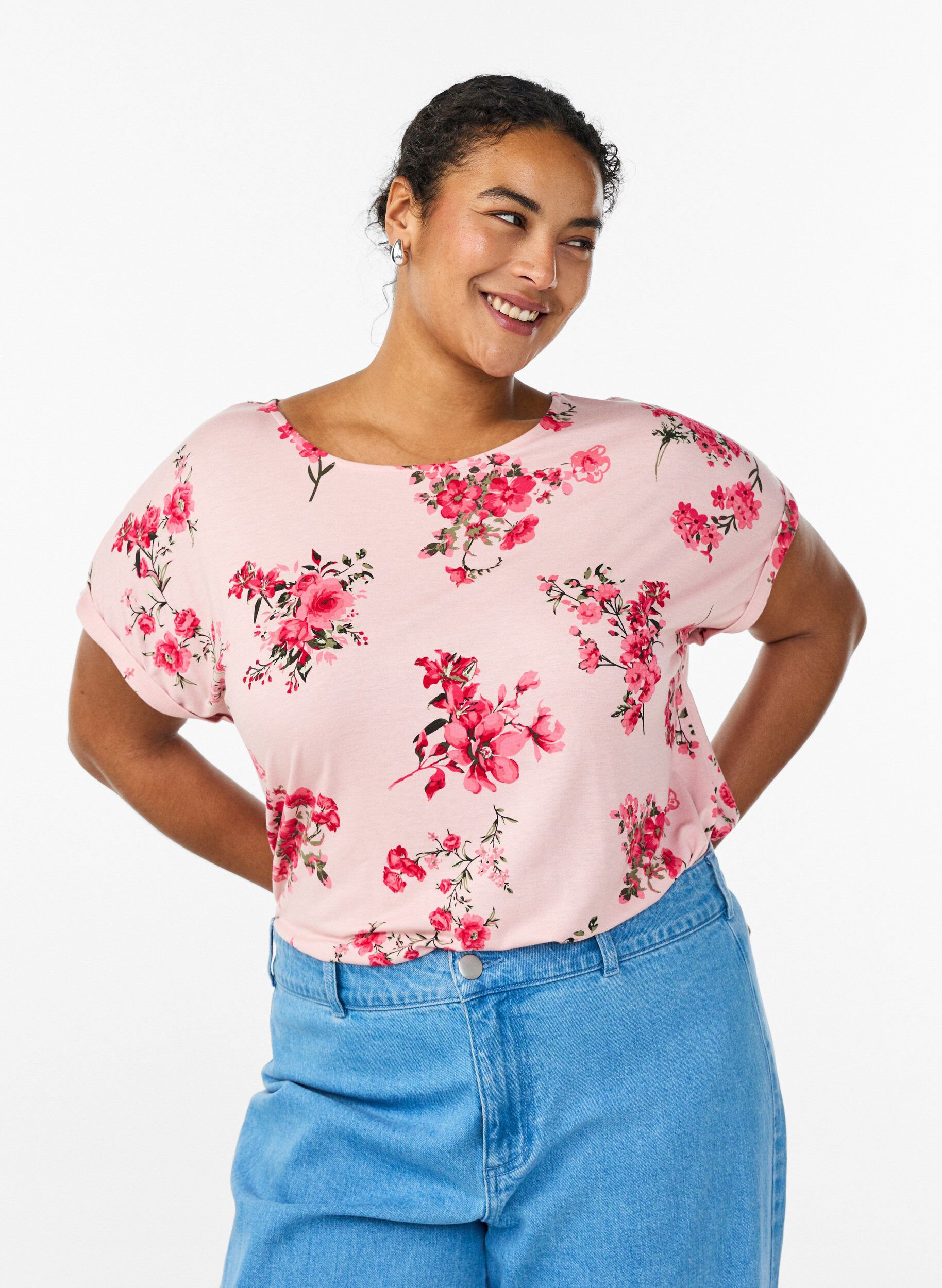 Zizzi T-shirt met bloemenprint, Roze, Model image number 0