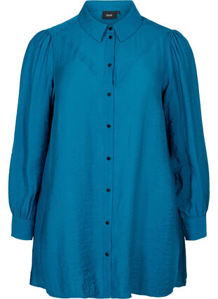 Lange blouse in effen kleur en viscosemix, Moroccan Blue, Packshot image number 0
