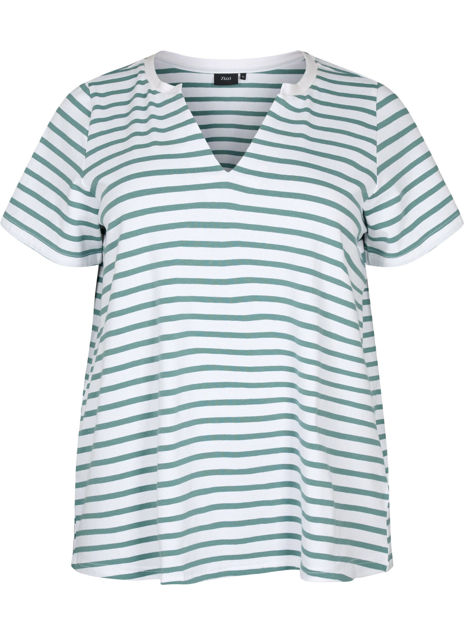 Zizzi Katoenen t-shirt met strepen en V-hals, B.White/SeaP.Stripes, Packshot image number 0