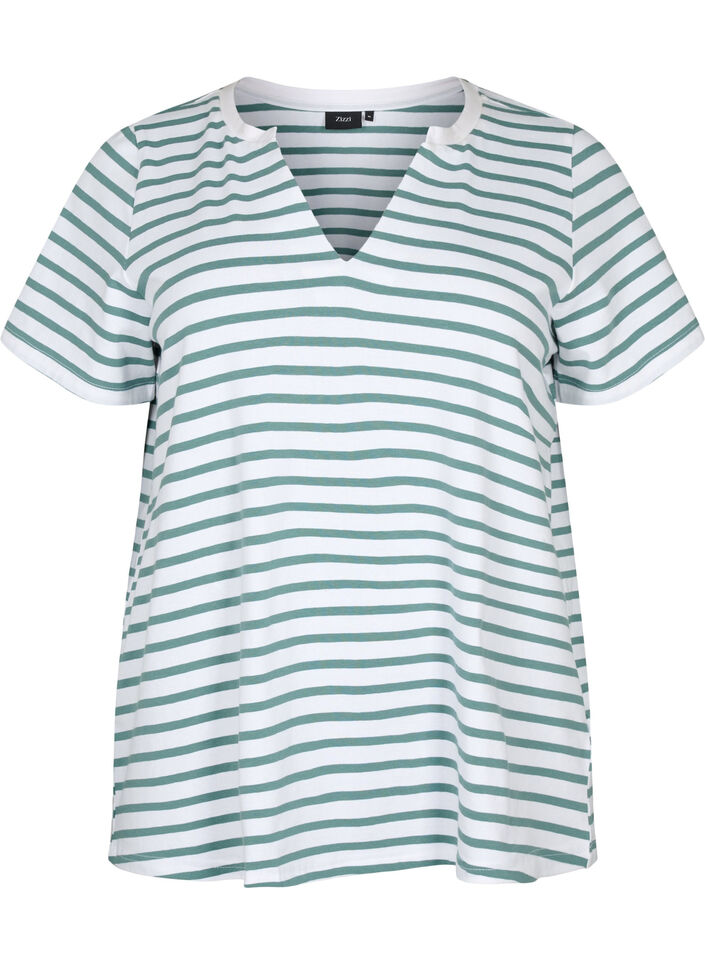 Katoenen t-shirt met strepen en V-hals, B.White/SeaP.Stripes, Packshot image number 0