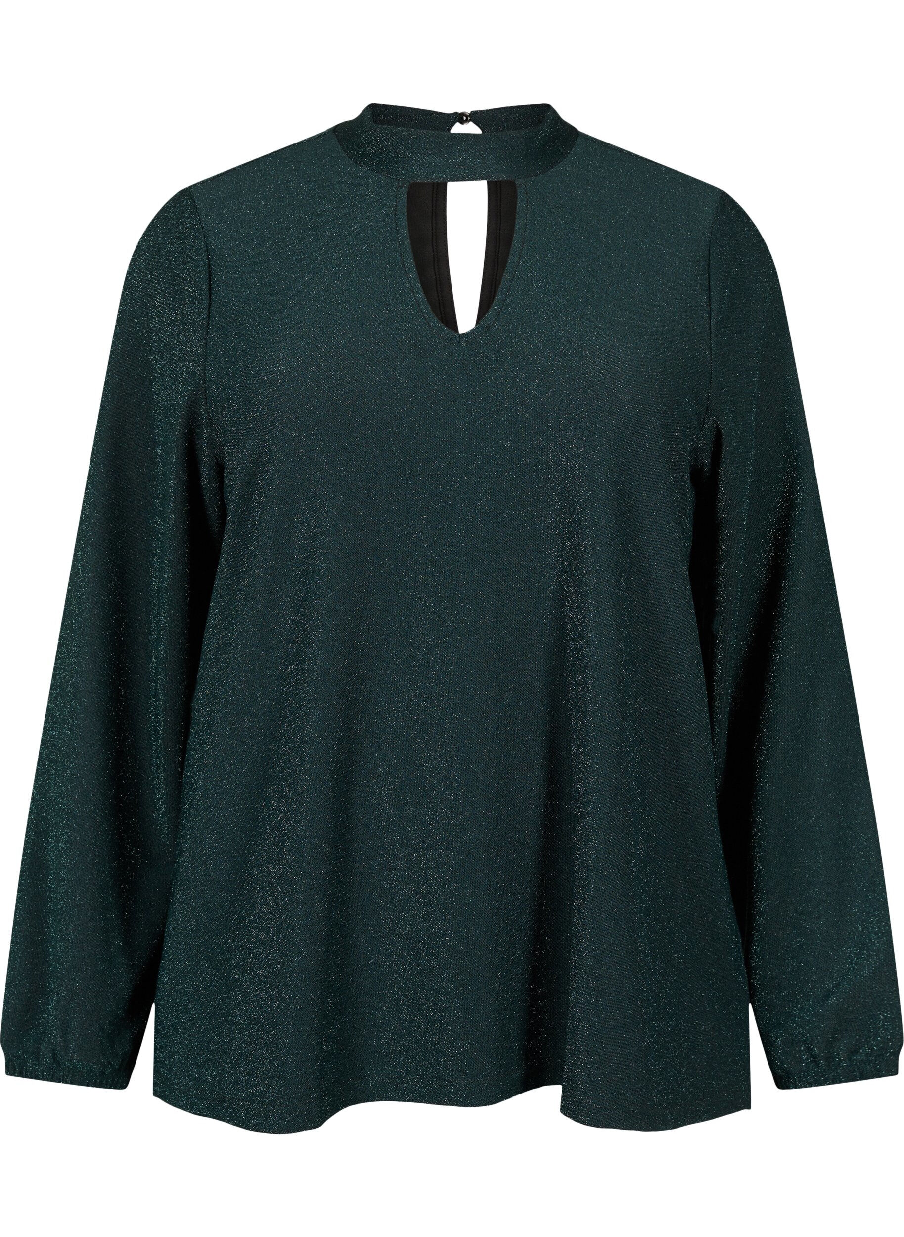 Zizzi Glitter blouse met lange mouwen, ronde hals en V-detail, Black Scarab, Packshot image number 0