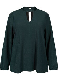 Glitter blouse met lange mouwen, ronde hals en V-detail, Black Scarab