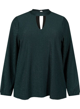 Glitter blouse met lange mouwen, ronde hals en V-detail, Black Scarab, Packshot image number 0