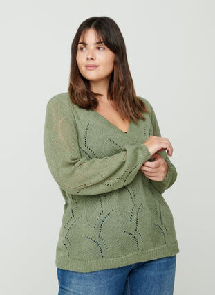 Gebreide blouse met patroon en wol, Sea Spray mel, Model image number 0