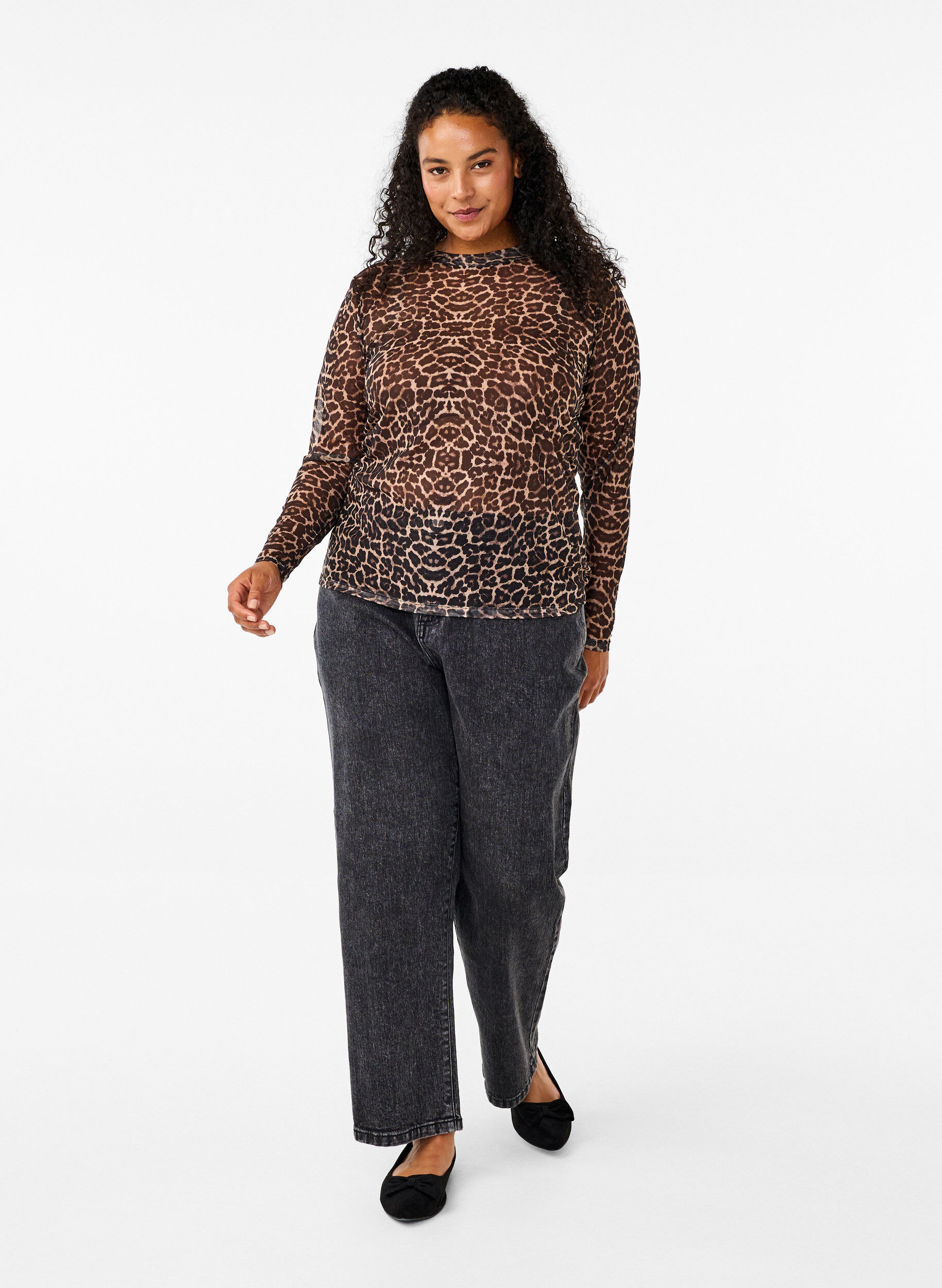 Zizzi Mesh blouse met stippen, Bruin, Model image number 1