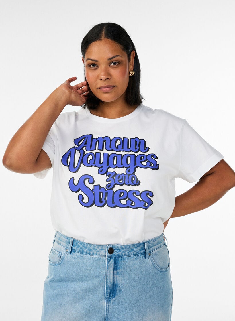 100% katoenen T-shirt met korte mouwen en print, Wit, Model image number 0