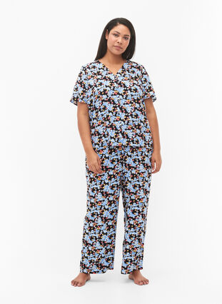 Bedrukte pyjamatop van viscose, Black Blue Flower, Model image number 2